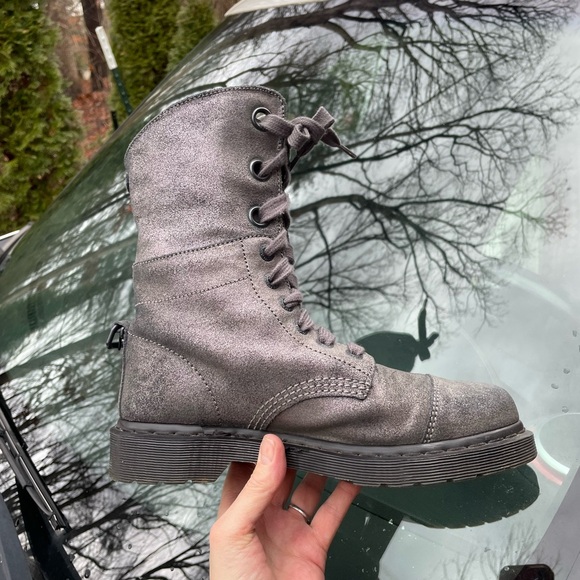 Dr Martens Aimilie Incandescent Gun Metal Suede Leather Fold over Combat boot  8 - Picture 3 of 15